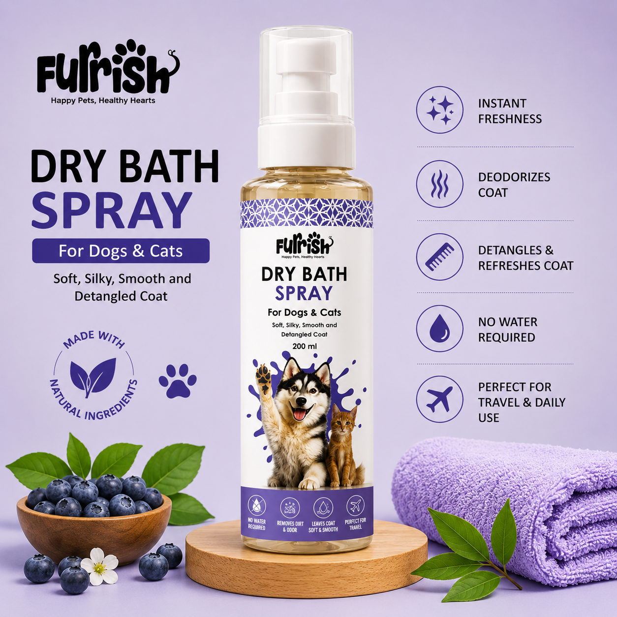Furrish Dry Bath Spray for Dogs & Cats | 200 ml